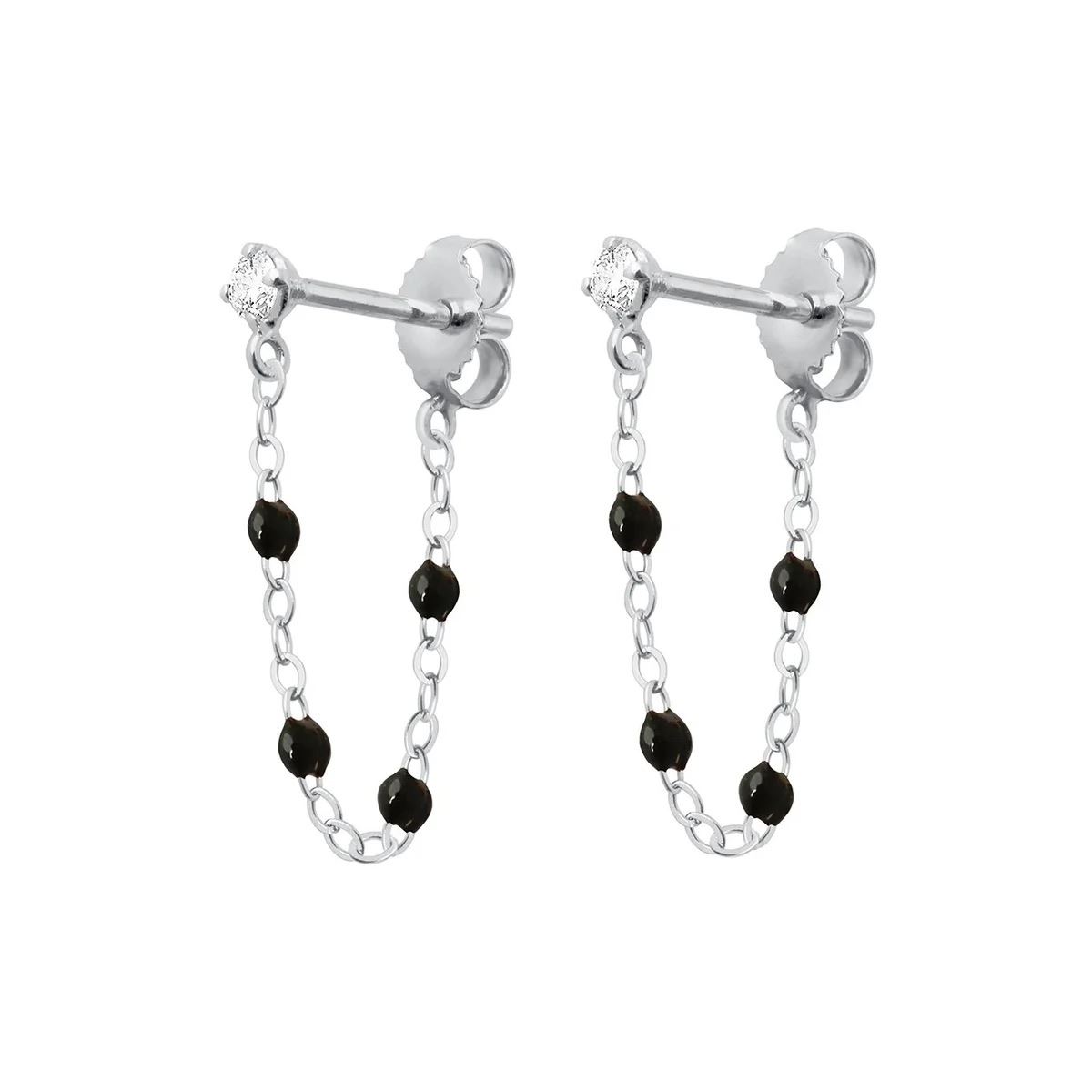 boucles d'oreilles résine noire, diamant, or blanc