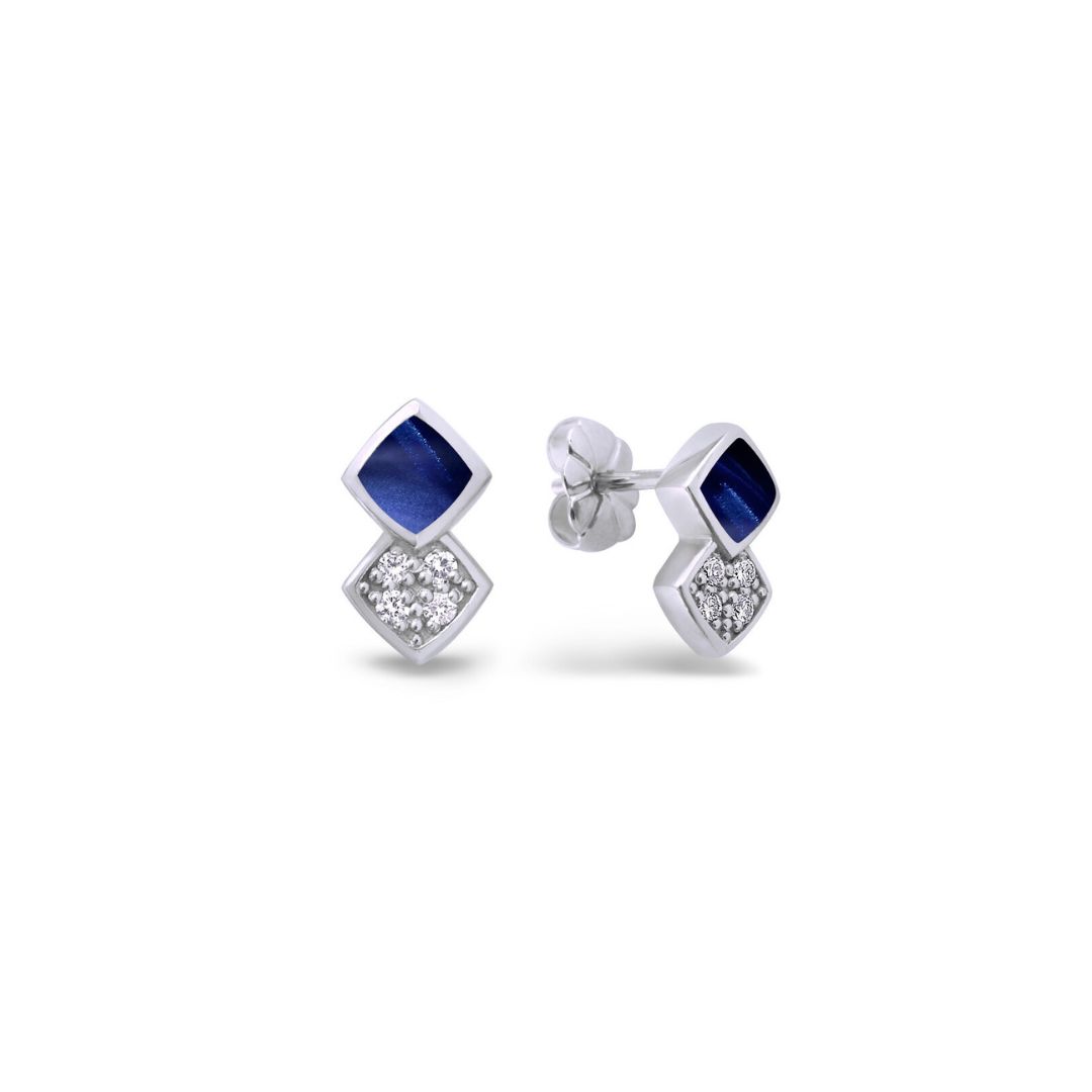 puces d'oreilles résine bleu de prusse, pavées diamants, or blanc