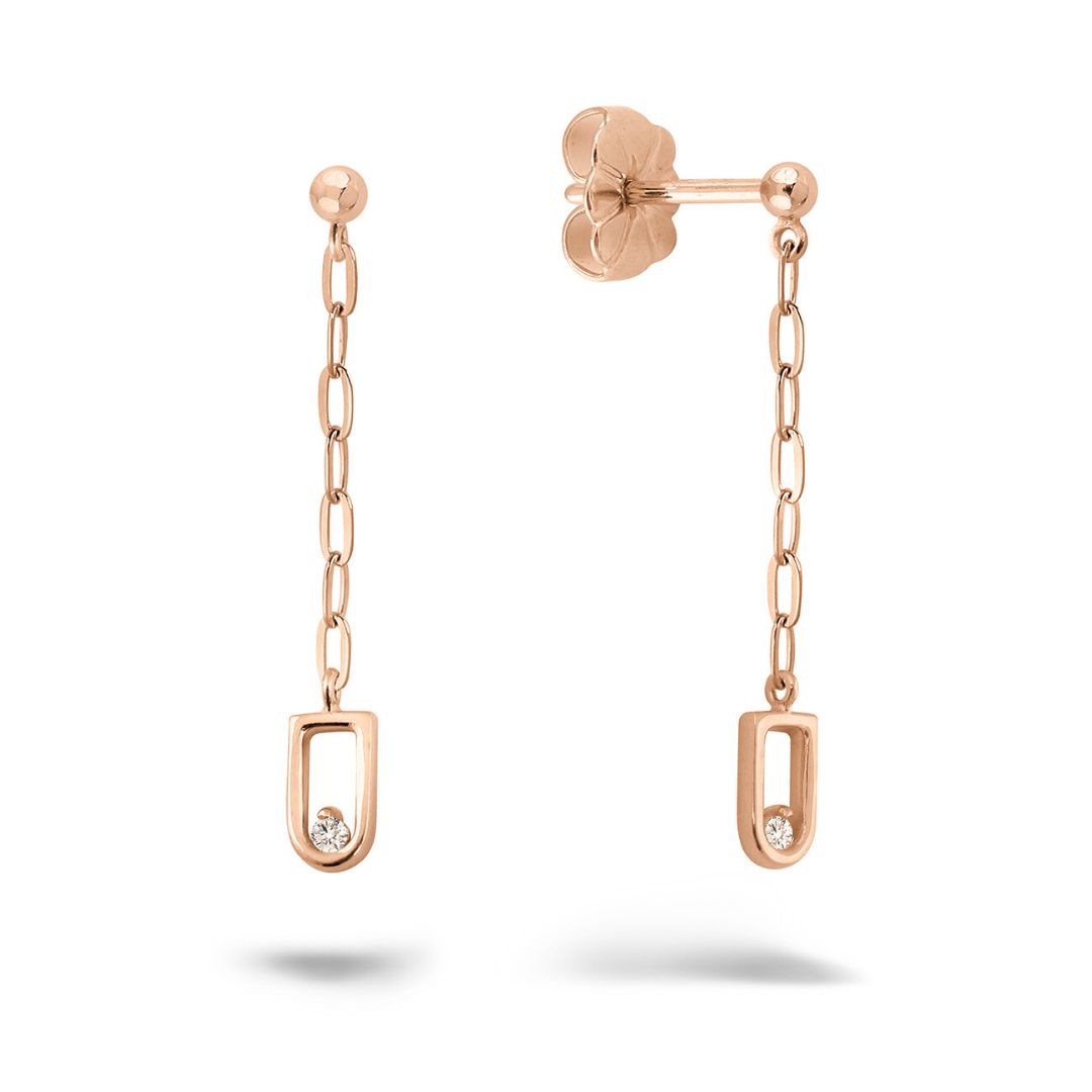 boucles d'oreilles pendantes, forme étrier, diamant, or rose