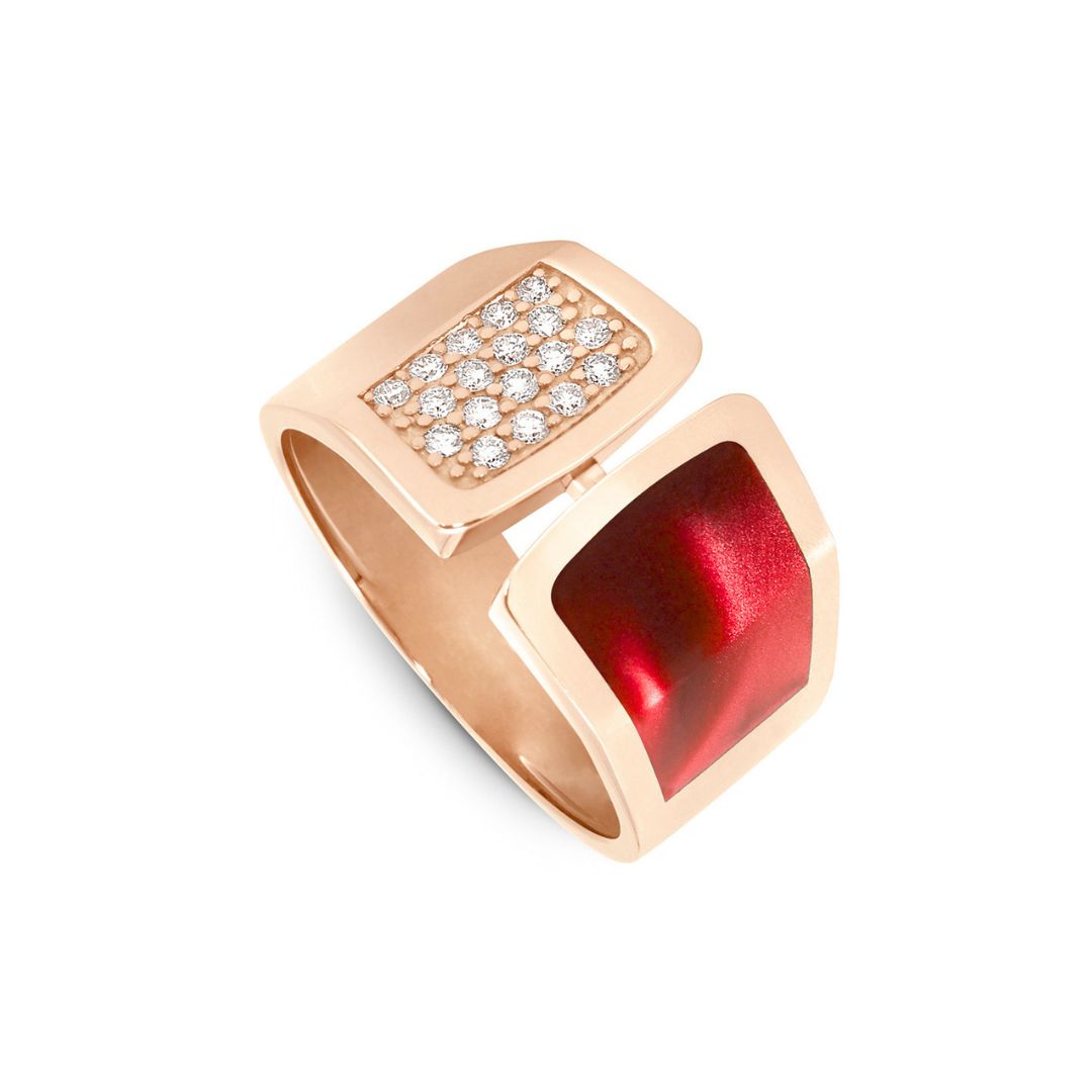 bague résine rouge et pavée diamants, or rose, t 54