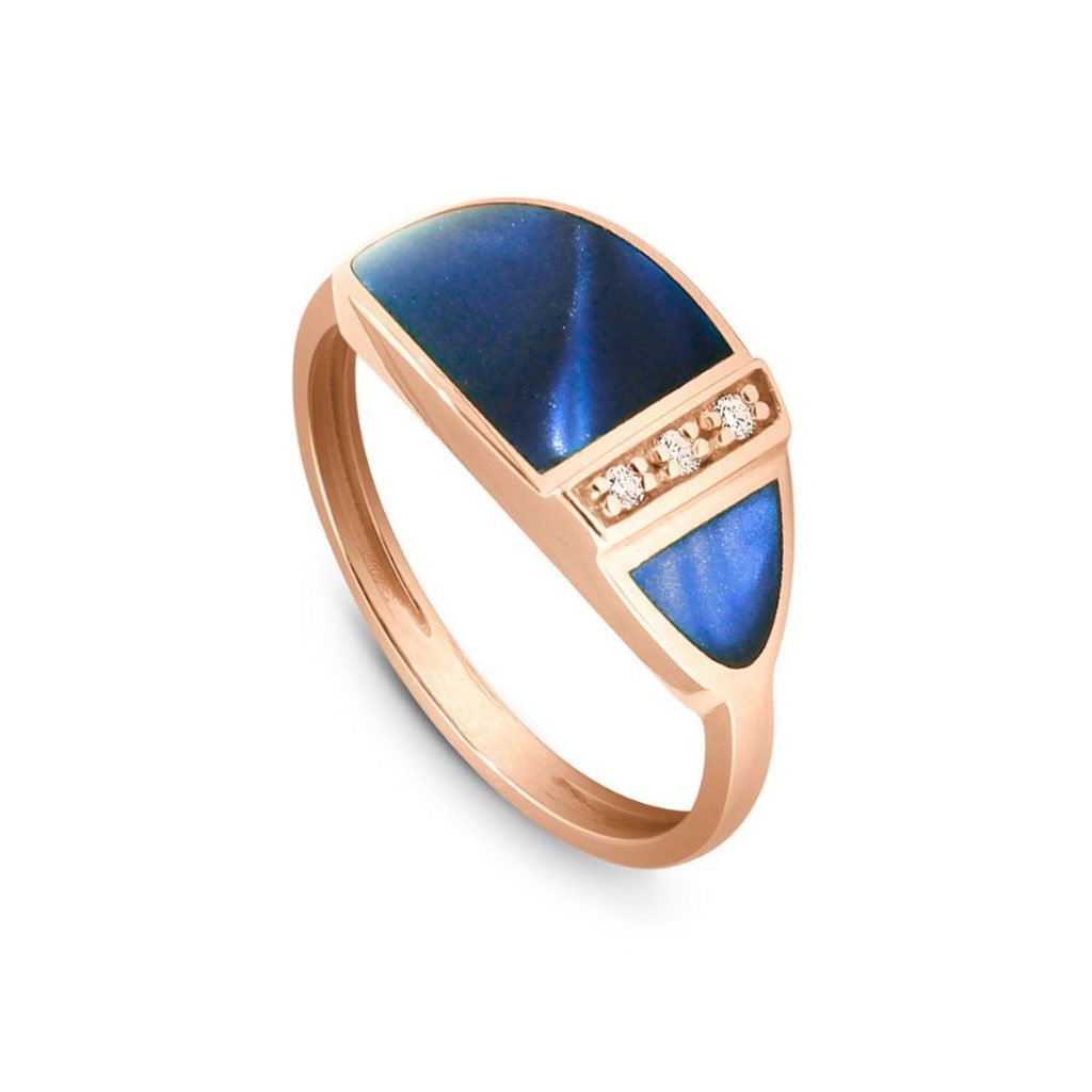 bague résinée bleu de prusse, diamants, or rose, t 54.5