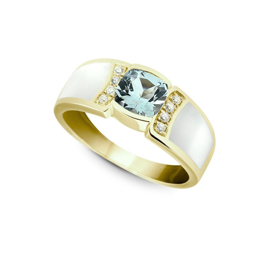 bague nacre résinée blanche topaze et diamants, or jaune, t 54