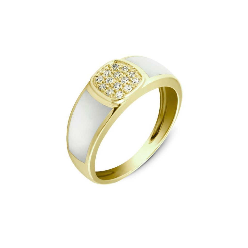 bague coussin pavé diamants, nacre résinée blanche, or jaune, t 53.5