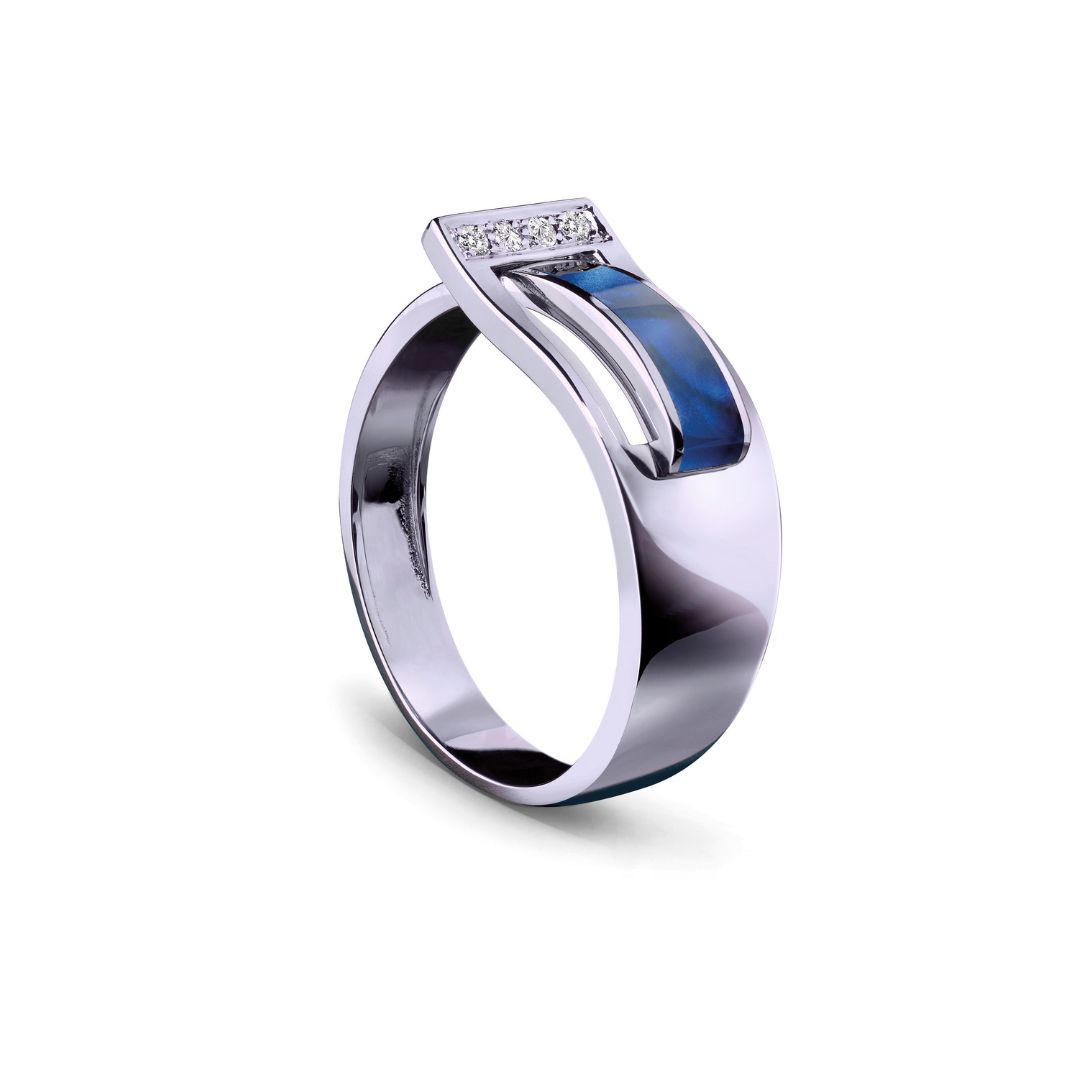 bague diamants et résine bleu de prusse, or blanc, t 54