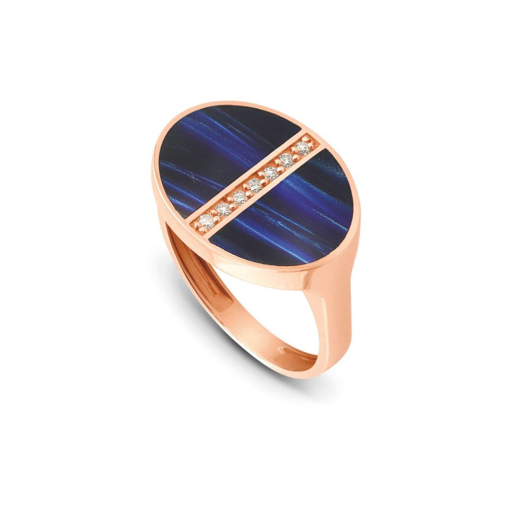 bague diamants, résine bleu de prusse, or rose, t 54