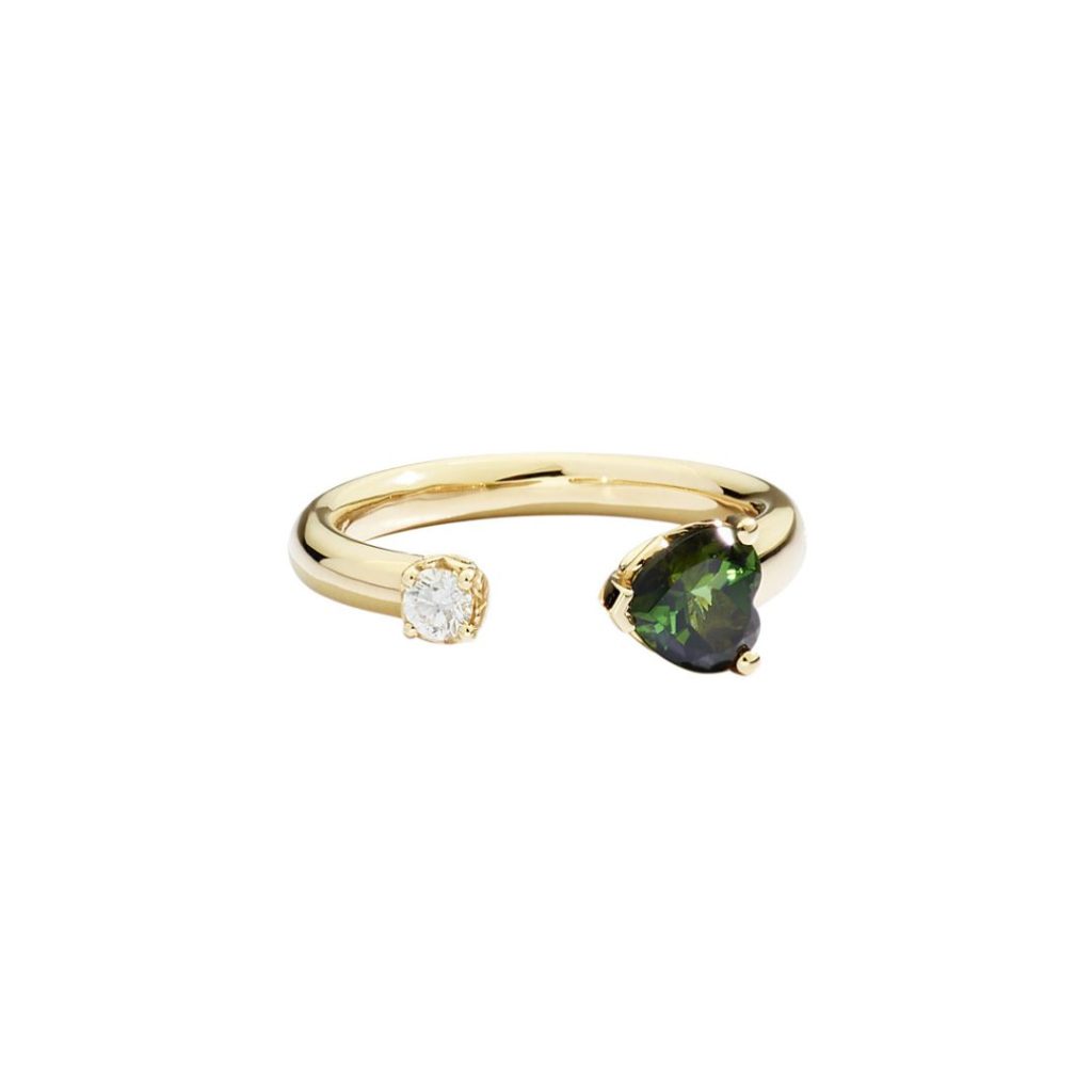 bague more tourmaline verte et diamant, or jaune, t 52