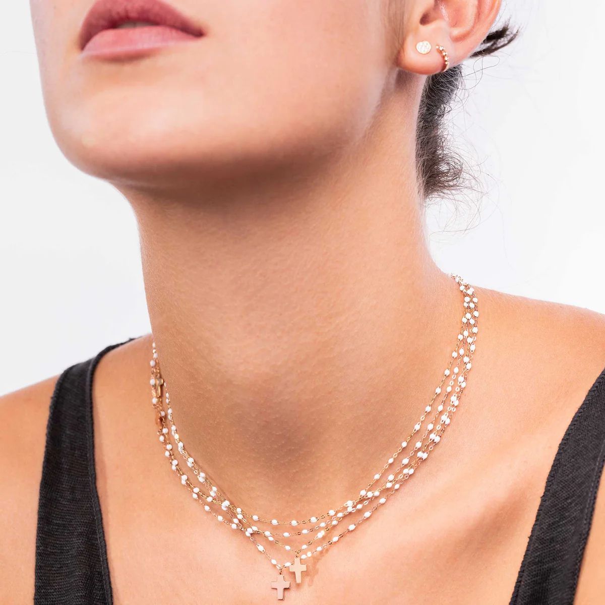 collier blanc croix de côté, or jaune, 50 cm