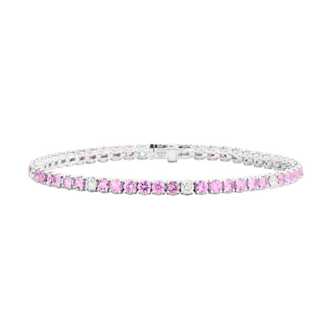 bracelet rivière tennis diamants et saphirs roses, or blanc