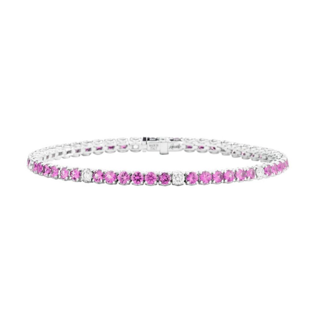 bracelet rivière tennis diamants et saphirs roses, or blanc