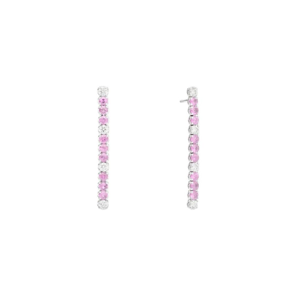 boucles d'oreilles rivière diamants et saphirs roses, or blanc