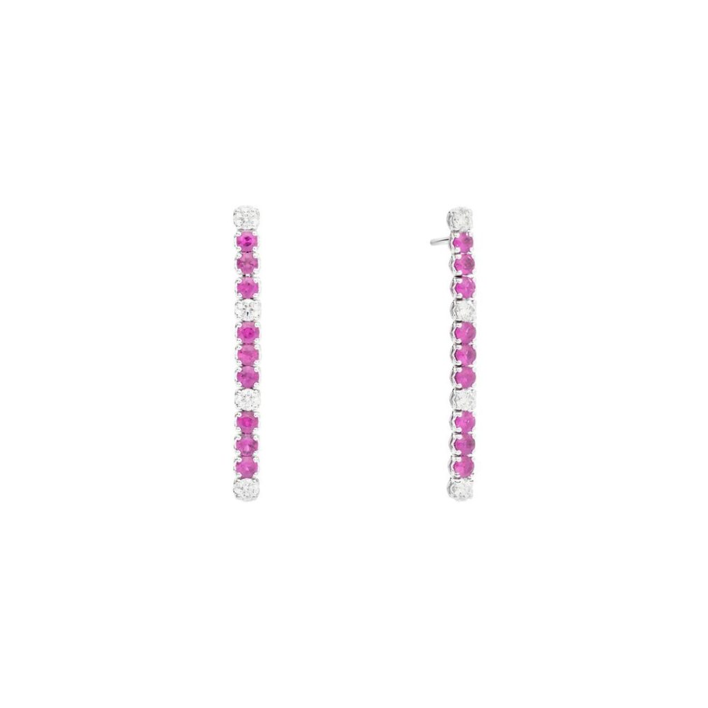 boucles d'oreilles rivière diamants et saphirs roses, or blanc