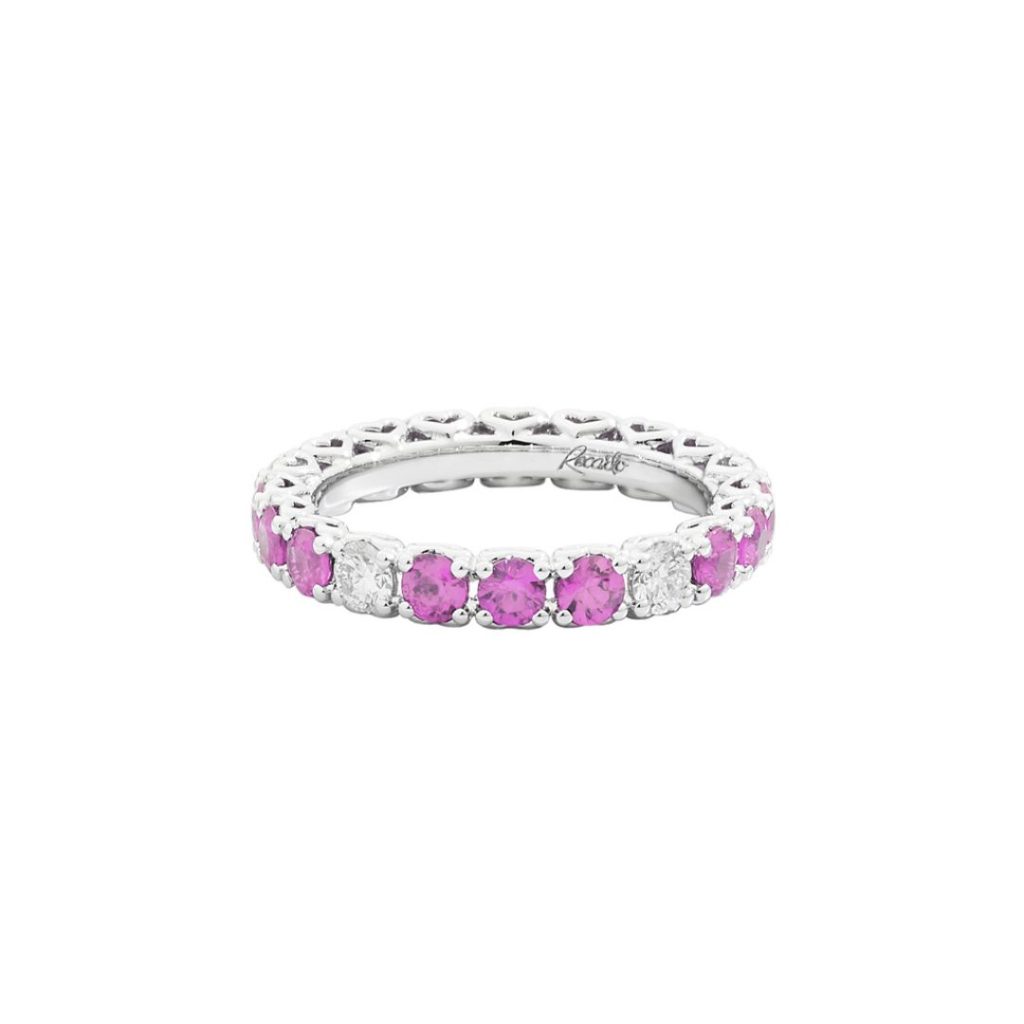 alliance chrome diamants et saphirs roses, or blanc
