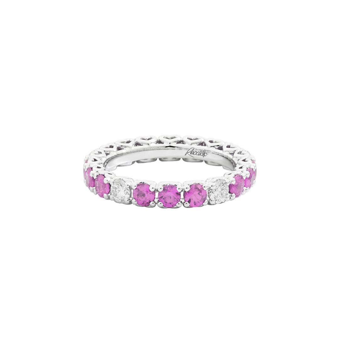 alliance chrome diamants et saphirs roses, or blanc