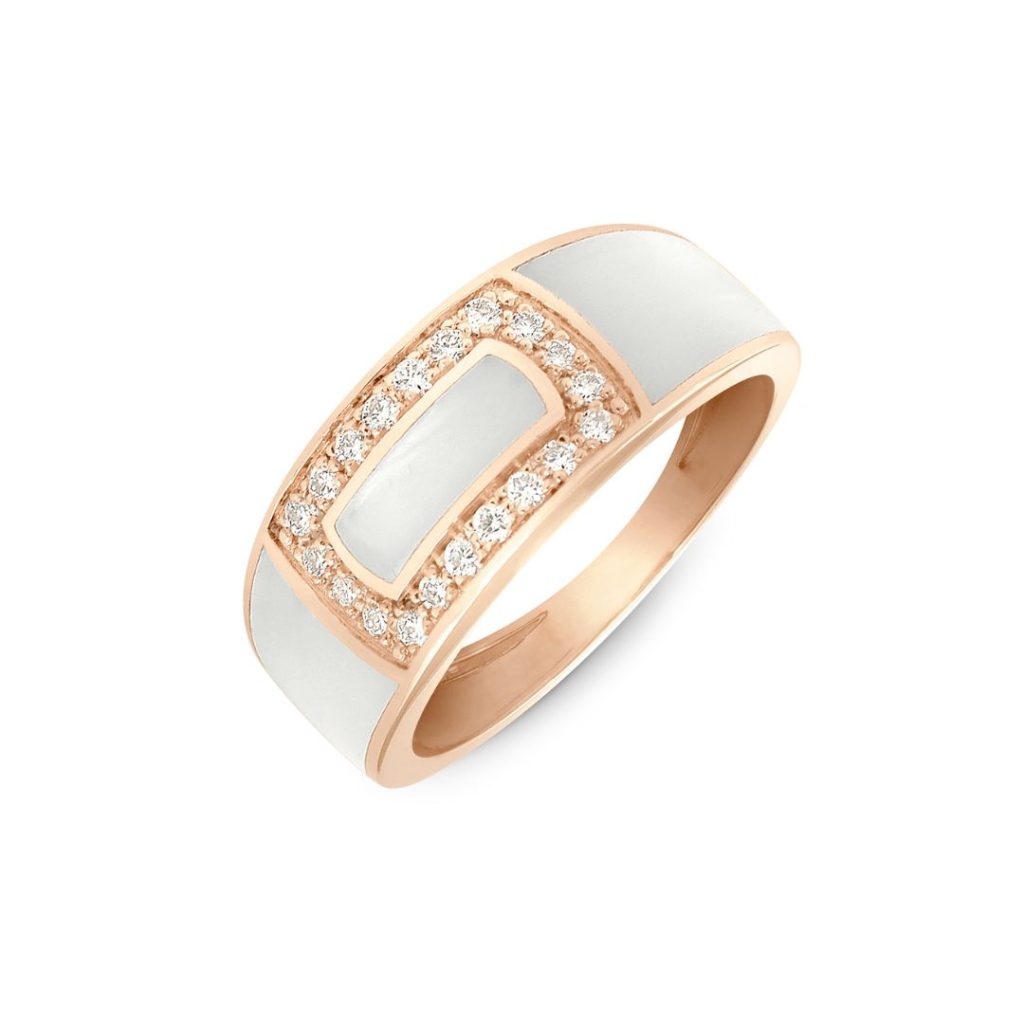 bague nacre résinée blanche, diamants, or rose, t 54