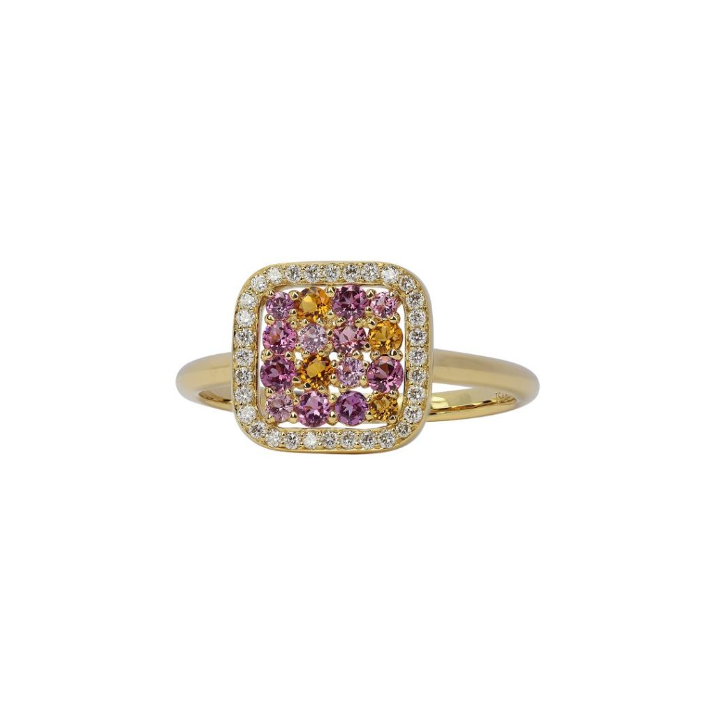 bague pierres fines et diamants, or rose