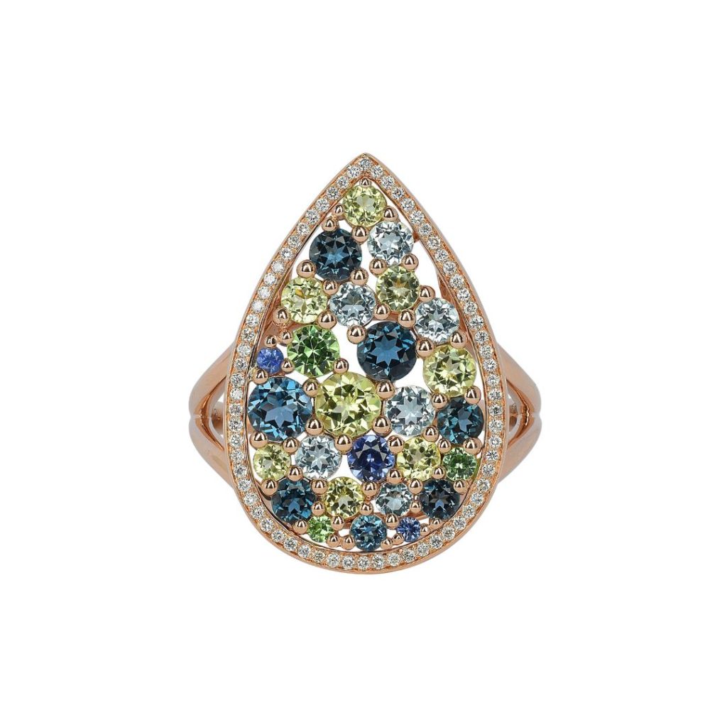bague multi pierres fines et diamants, or rose