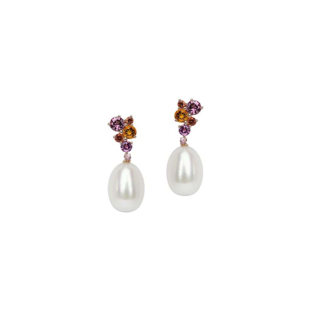 boucles d'oreilles perles blanches et pierres fines, or rose