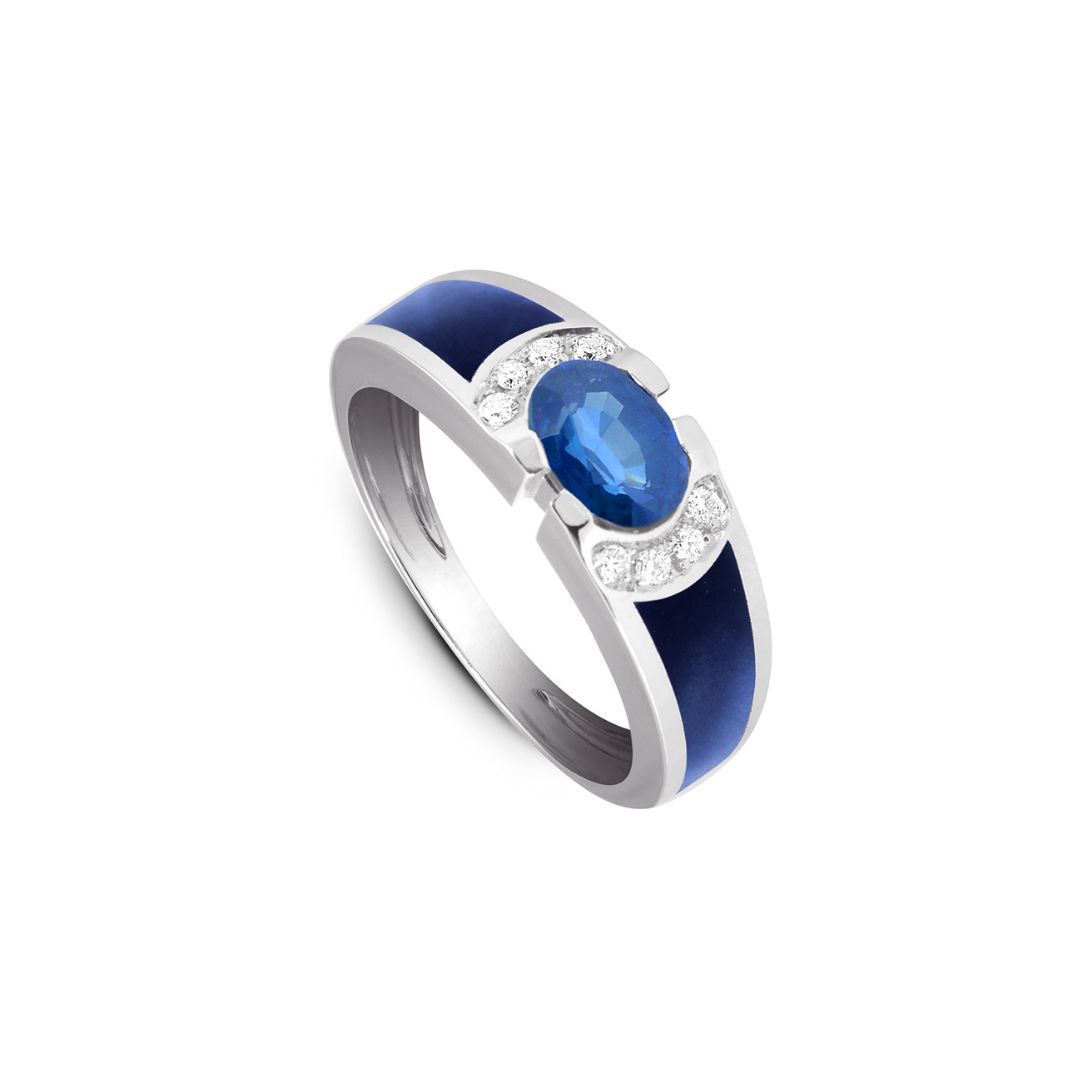 bague saphir et diamants, nacre résinée bleu de prusse, or blanc, t 55