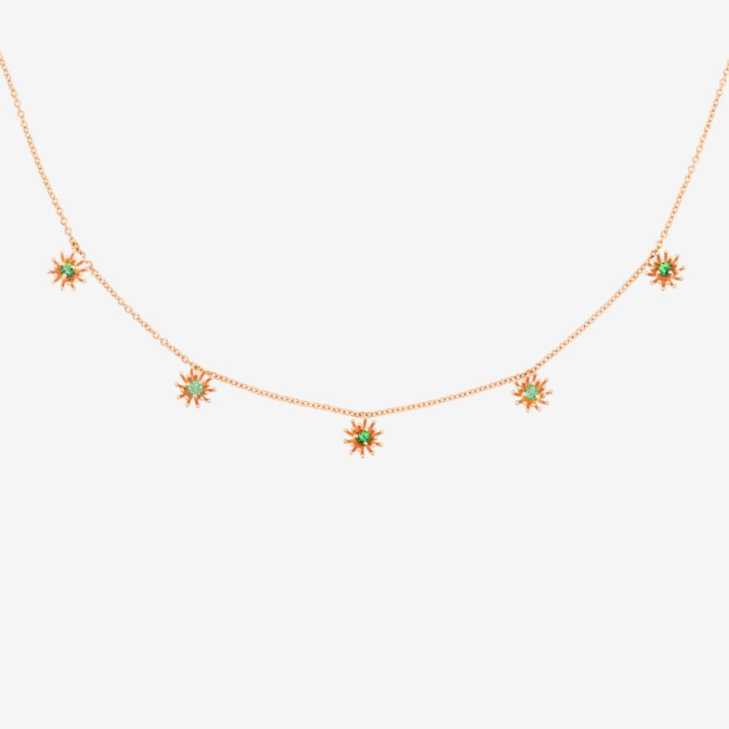 collier le petit cactus, tsavorites et grenats mint, or rose