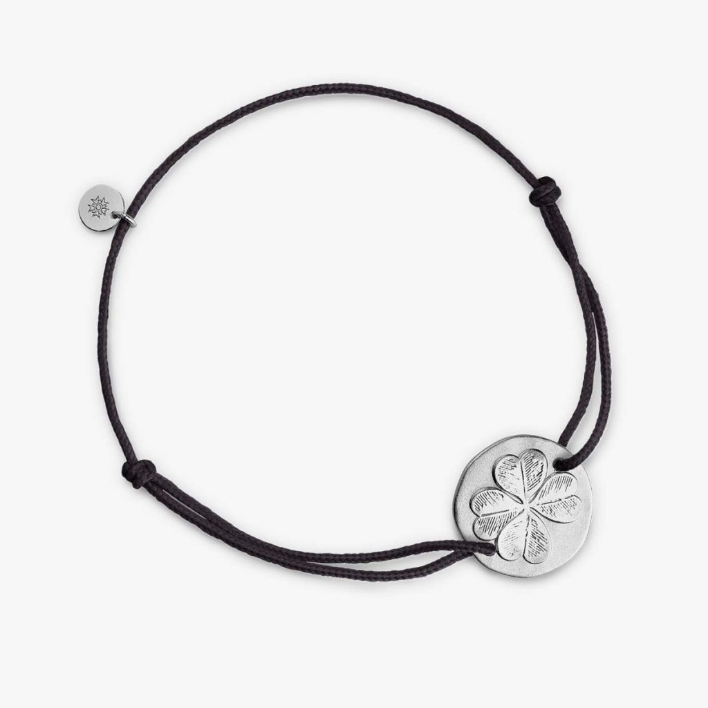 bracelet "trèfle" argent, cordon noir