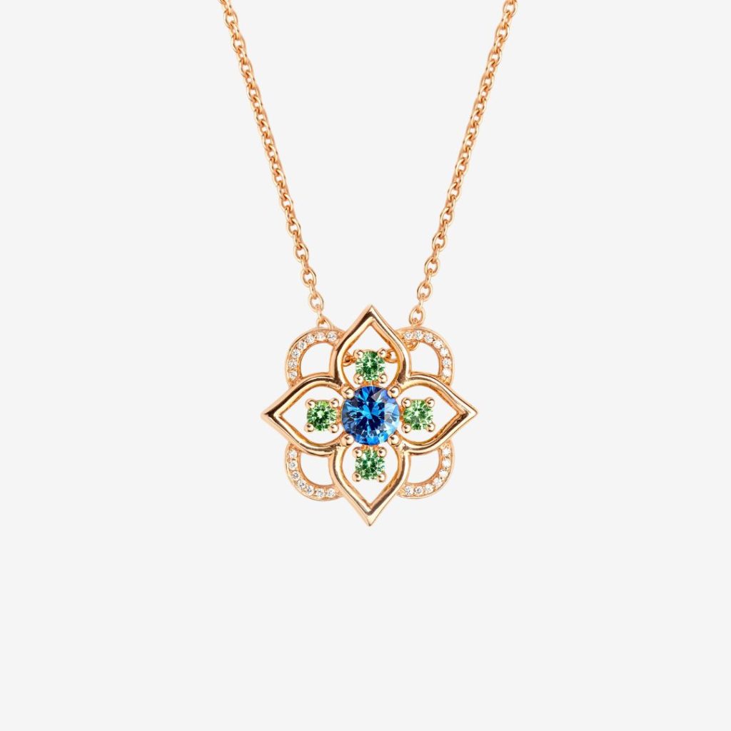 collier giardino saphir et tsavorites, or rose