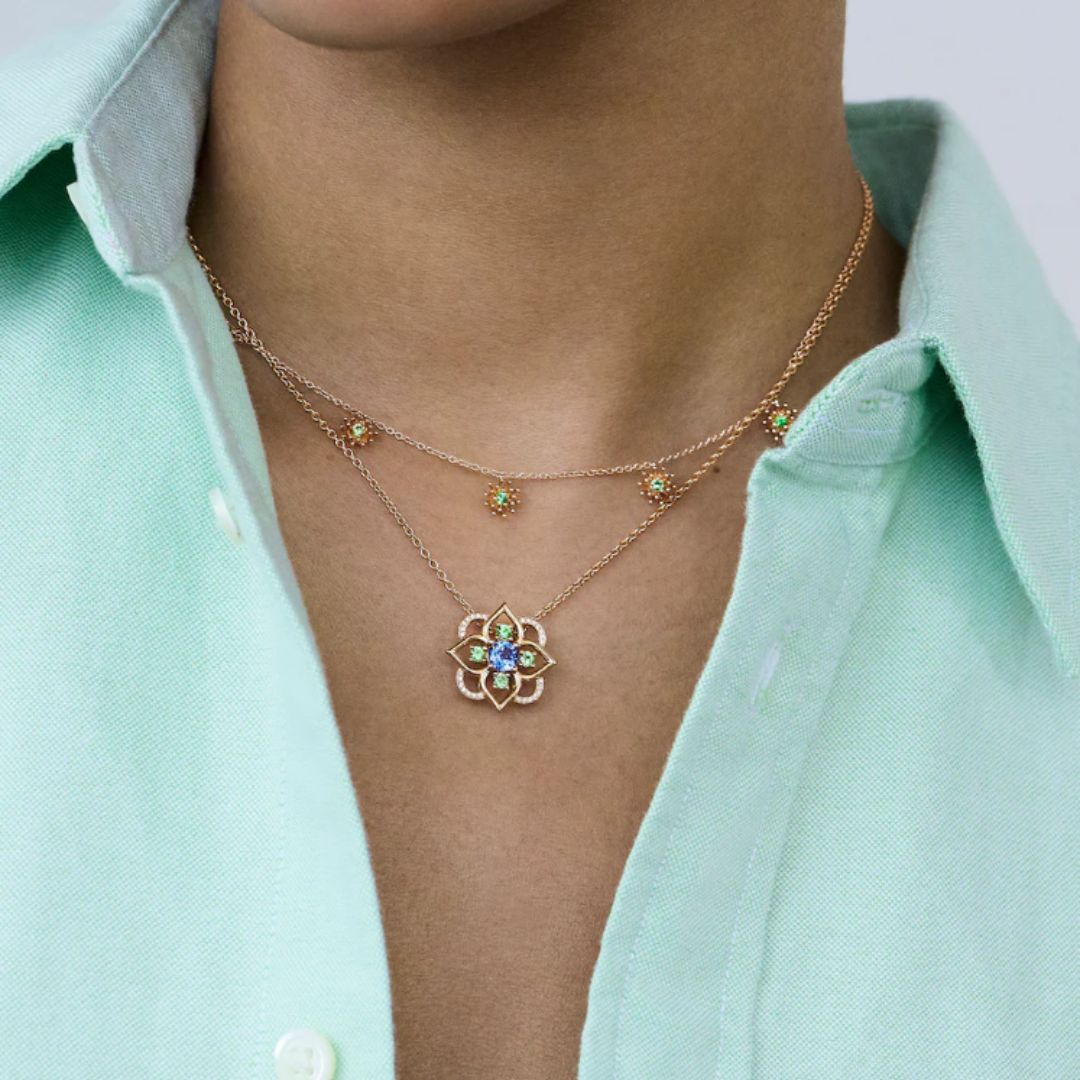collier giardino saphir et tsavorites, or rose