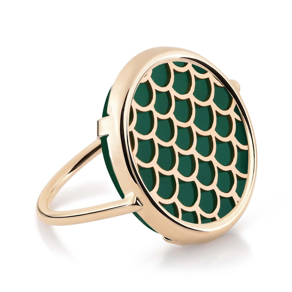 bague disc ring koi agate verte, or rose, t 54
