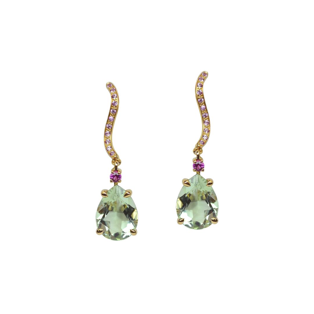 boucles d'oreilles quartz vert et saphirs roses, or rose